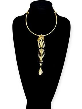 Gold Fishbone Modern Collar Statement Necklace NEW